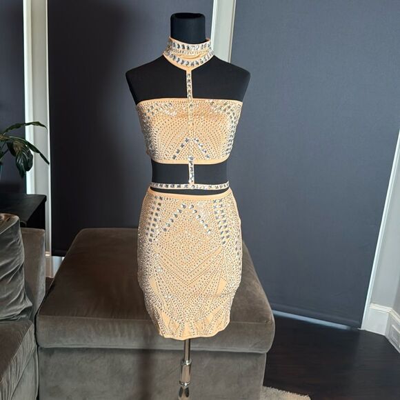 Sexy BodyCon Party 2 Piece Set Outfit Rhinestone Skirt & Halter Top Size M - Picture 1 of 13